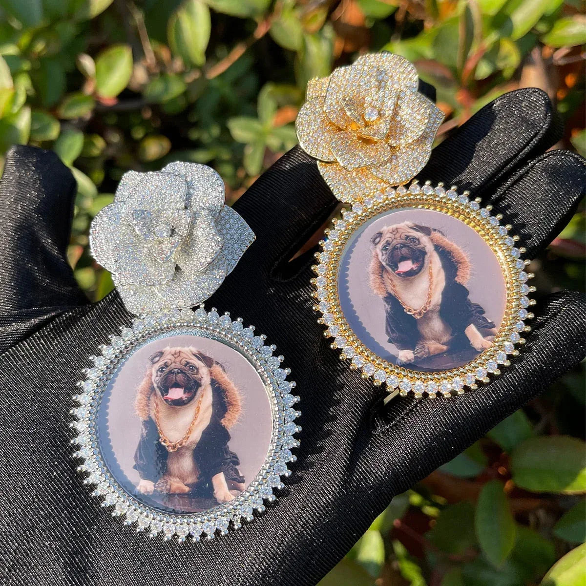 Rose Flower Bail Round Tennis Custom Photo Picture Pendant Necklace - Personalized Jewelry - CaratixJewelry